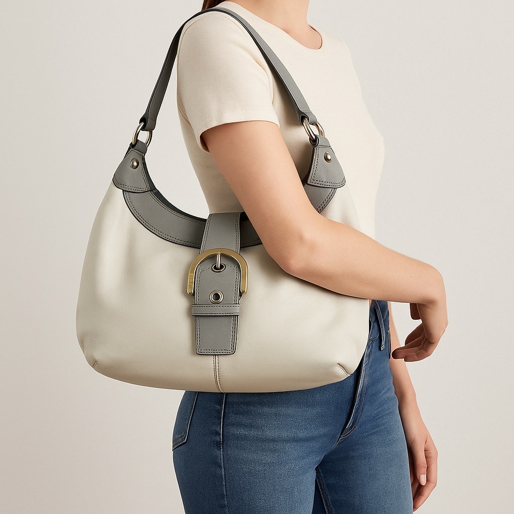 Coach Cream and Gray Leather Shoulder Bag with Gold Buckle